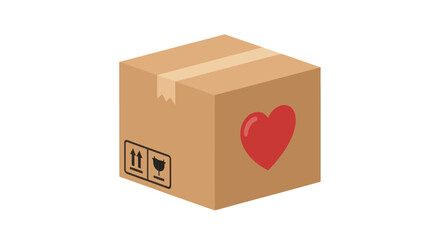 Fototapeta premium Cardboard delivery box with red heart and fragile shipping symbols.