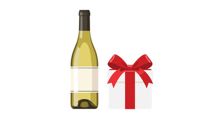 A green wine bottle stands beside a white gift box with a red bow.