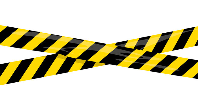 Yellow and black striped caution tape crossed on transparent background