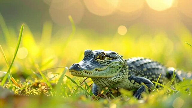 Baby-Krokodil im hellen Fr&uuml;hlingsgras