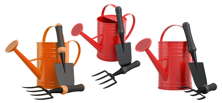 Garden tools like shovel, fork, and rake inside watering cans, isolated on white, gardening concept