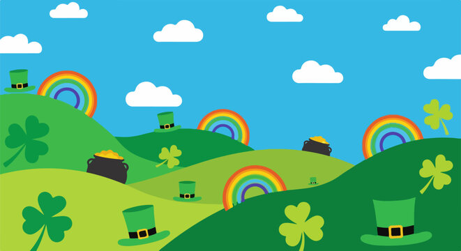 St. Patrick's Day Cartoon Landscape with Leprechaun Hats and Rainbows