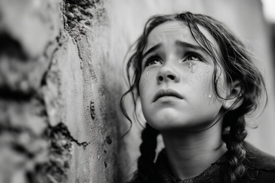 Olhar triste de uma crian&ccedil;a, com lagrimas nos olhos olha esperan&ccedil;osa para cima