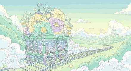 Whimsical Train with Floral Decorations and Lanterns. © Derry