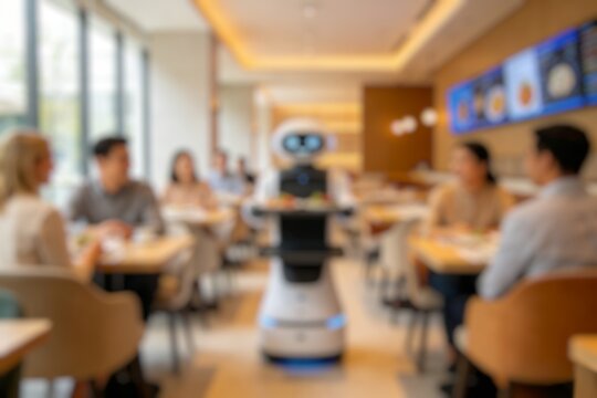 Robot waiters serve dishes at a restaurant. The photo is out of focus.