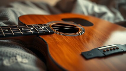 Fototapeta premium strumming. Acoustic guitar on soft surface with warm lighting highlighting natural wood textures, tutorial guides, club newsletters, designed for sports & leisure club marketing.