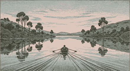 Vintage Rowing Boats on Calm River. © Derry