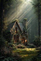 Fototapeta premium Fairytale stone and wood cottage nestled in sun-dappled enchanted forest, mossy ground and blooming flowers all around. Whimsical magic and timeless peace captured at golden hour.