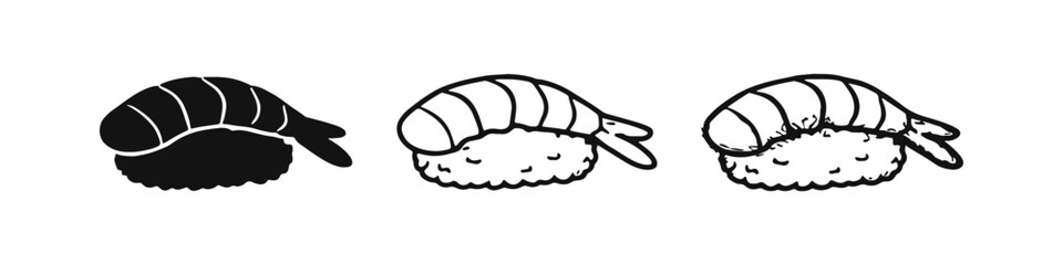 Shrimp Nigiri Sushi Icon Set. Vector illustration of Japanese Food in Solid, Outline, and Hand-Drawn Styles on White Background.