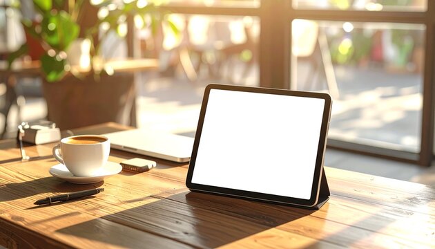 Digital tablet with blank screen on a wooden desk next to a cup of coffee and a laptop in a bright, sunlit cafe