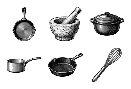 Vintage style engraving collection of kitchen cookware and utensils including cast iron skillets mortar and pestle saucepan and whisk
