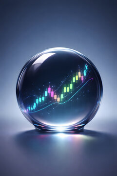 Glass crystal ball with glowing stock chart symbolizes AI investment forecasting, market prediction, and smart finance