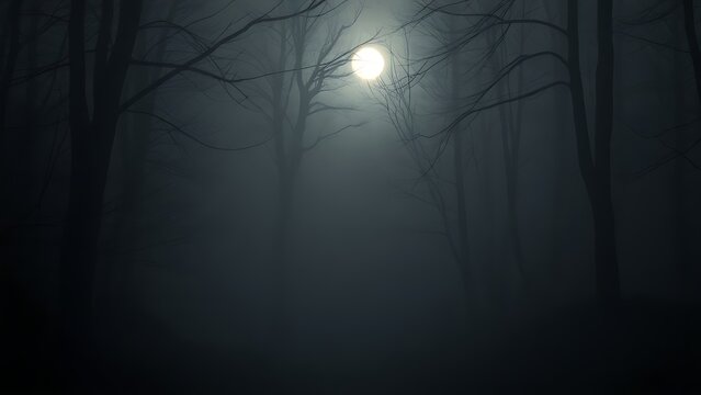 cryptographer. A misty forest path at night with moonlight filtering through silhouetted trees and atmospheric fog. travel magazines, destination branding, designed for travel destination branding.