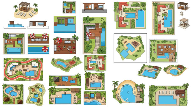 Luxury resort masterplan illustration showcasing architected landscape design, villas, pools, waterfront layouts, and tropical destination development concepts from aerial view.