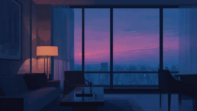 高層マンション夜景ビュー モダンリビング 室内風景背景