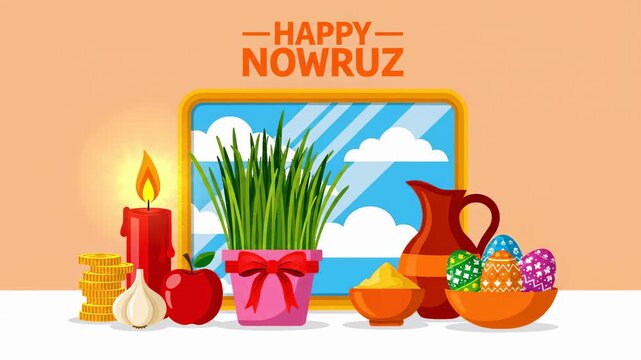 Happy Nowruz Greeting Card Haft-Seen Table Elements, Iranian New Year, Spring Equinox