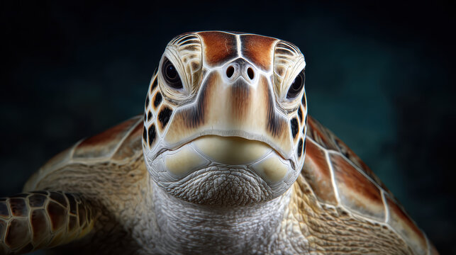 Close up underwater portrait looking at calm sea turtle face with beautiful brown shell pattern and eye texture against dark ocean depth