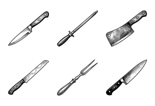 Set of kitchen knives and butcher tools in vintage woodcut style including cleaver, chef knife, sharpening steel, and carving fork.
