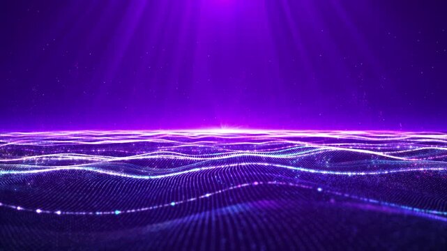 Purple wave particle lines flow, purple wave particles abstract background animation, motion display waveform elements. wave particles for fabric backgrounds, color dots and lines neon gradient.