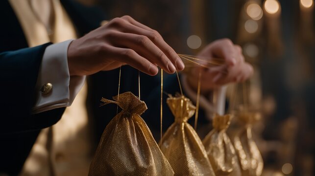 Puppet master pulling strings of world leaders and politicians using golden thread connected to money bags, perfect for financial power concept, political influence, money controls world, wealth