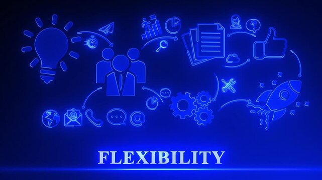 Business concept illustration of flexibility with glowing neon icons and text on dark blue background