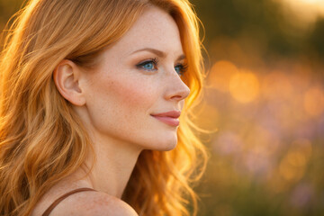 Naklejka premium Redhead Woman With Blue Eyes in Golden Sunset Light