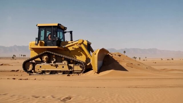 Bulldozer moving sand in desert landscape.