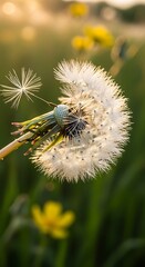 Dandelion Seed Head in Meadow at Sunset.