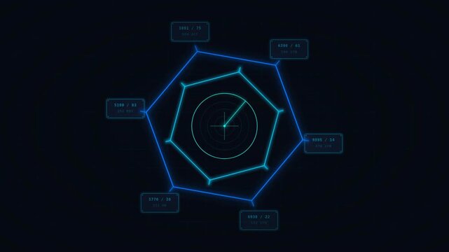 A hexagonal diagram with glowing blue lines and labels, showcasing various metrics for analysis