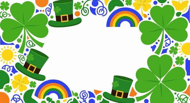St Patricks Day Festive Abstract Background with Shamrocks Leprechaun Hats and Rainbows