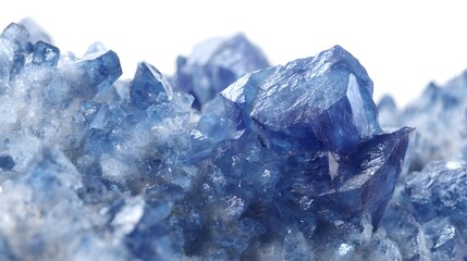 Obraz premium Close-up Macro of Natural Blue Celestine Crystal Cluster with Detailed Faceted Geometries and Mineral Textures Isolated on White Background