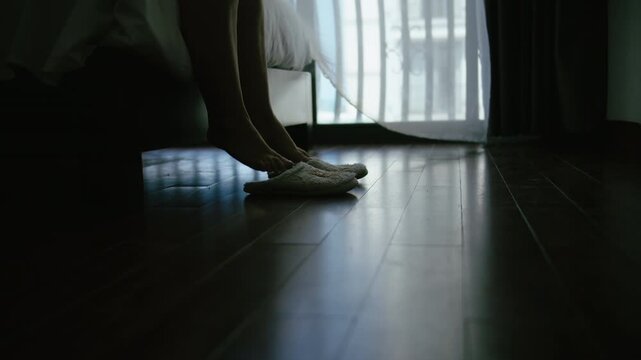Detail View of Overweight Female Feet Wearing Slippers and Leaving Home in Breezy Evening Atmosphere