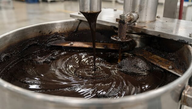 Medium shot of petroleumbased rubber process oil pouring into industrial blender for tire compound preparation highlighting smooth mixing of aromatic and paraffinic oils.