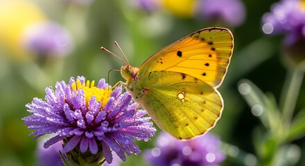 Clouded Sulphur Butterfly on Purple Aster - A Vibrant Summer Scene.