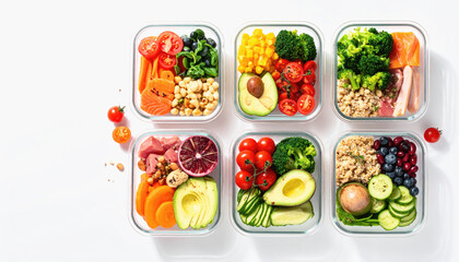 Assortment of Healthy Meal Prep Containers with Protein, Vegetables, and Grains