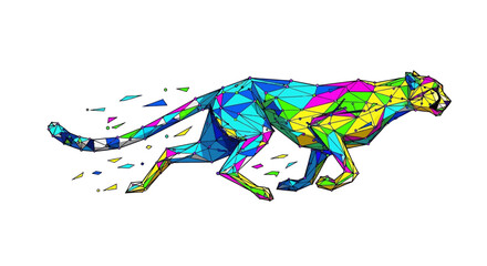 A colorful polygonal cheetah illustration in a dynamic running pose © Proma