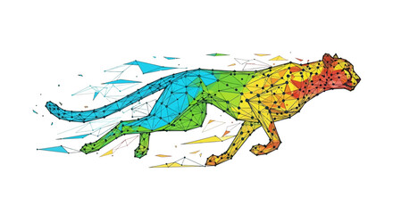 A colorful polygonal cheetah appears to be running quickly forward © Proma