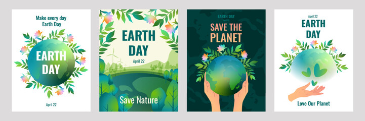 World Earth Day poster templates. Concept of ecology and environmental protection. Planet, nature, green plants, text Save the planet, Love our Earth, Save nature. © Tati Star
