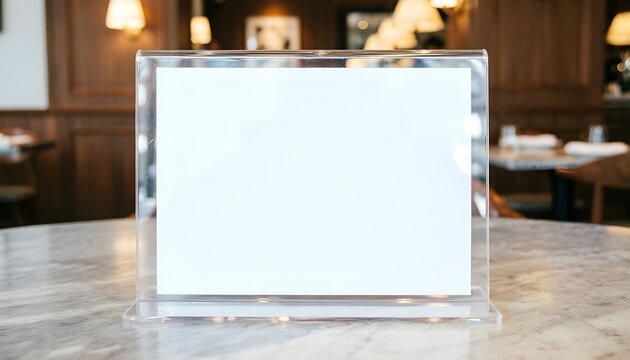 Horizontal Table Tent Sign Mockup in Clear Acrylic Stand on Restaurant Table