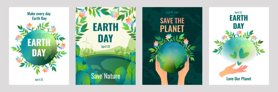 World Earth Day poster templates. Concept of ecology and environmental protection. Planet, nature, green plants, text Save the planet, Love our Earth, Save nature.