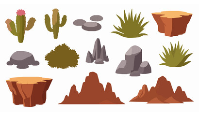 Desert vegetation and rocky mountain cartoon vector elements for wilderness scenery © abdul