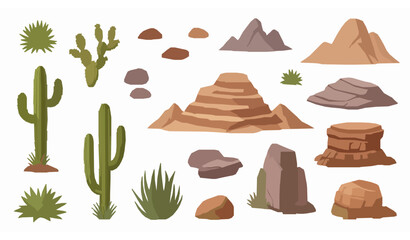 Stylized desert wilderness landscape vector set with cactus plants rocks and mountains © abdul
