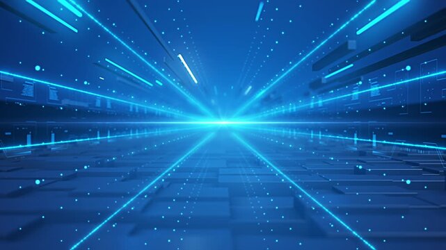 Blue technology particle lines background, high-tech particle cubes shuttle through space, blue neon light grid particles shuttling, future technology in the context of digital big data.