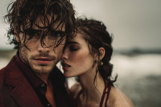 Elegante e sensual homem com uma bela mulher cheirando o seu pesco&ccedil;o, perfume, 