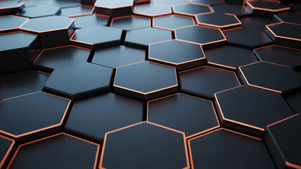 Futuristic black hexagonal tiles with glowing orange borders creating technological pattern for modern design projects