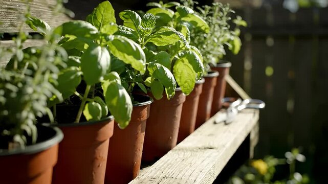 A row of herb plants in terracotta pots on a wooden garden bench in a lush backyard setting