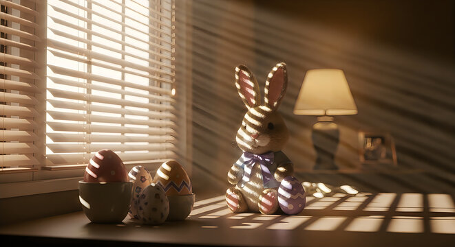 Sunlight streams through window blinds, illuminating Easter eggs and a decorative bunny figurine on a table indoors.