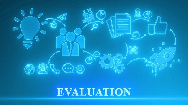 Business process flow chart with icons for evaluation, teamwork, communication, and success on a blue background