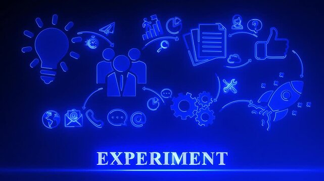 Business process flow chart with icons for experiment, teamwork, communication, and success on a dark blue background