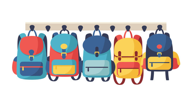 Five colorful school backpacks are neatly hanging on a wooden rack.